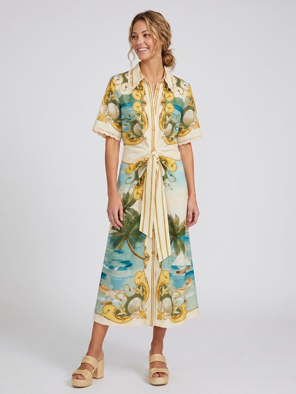 FARM Rio Off-White Royal Sea Collared Midi Dress Linen-Blend Size Small NWT - Picture 3 of 16